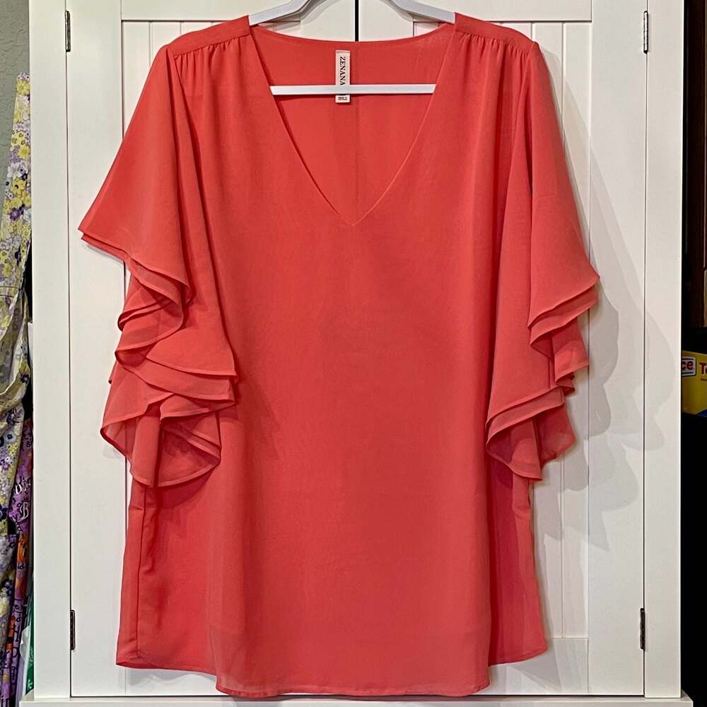 Zenana Outfitters Coral Ruffle Sleeve V-Neck Blouse